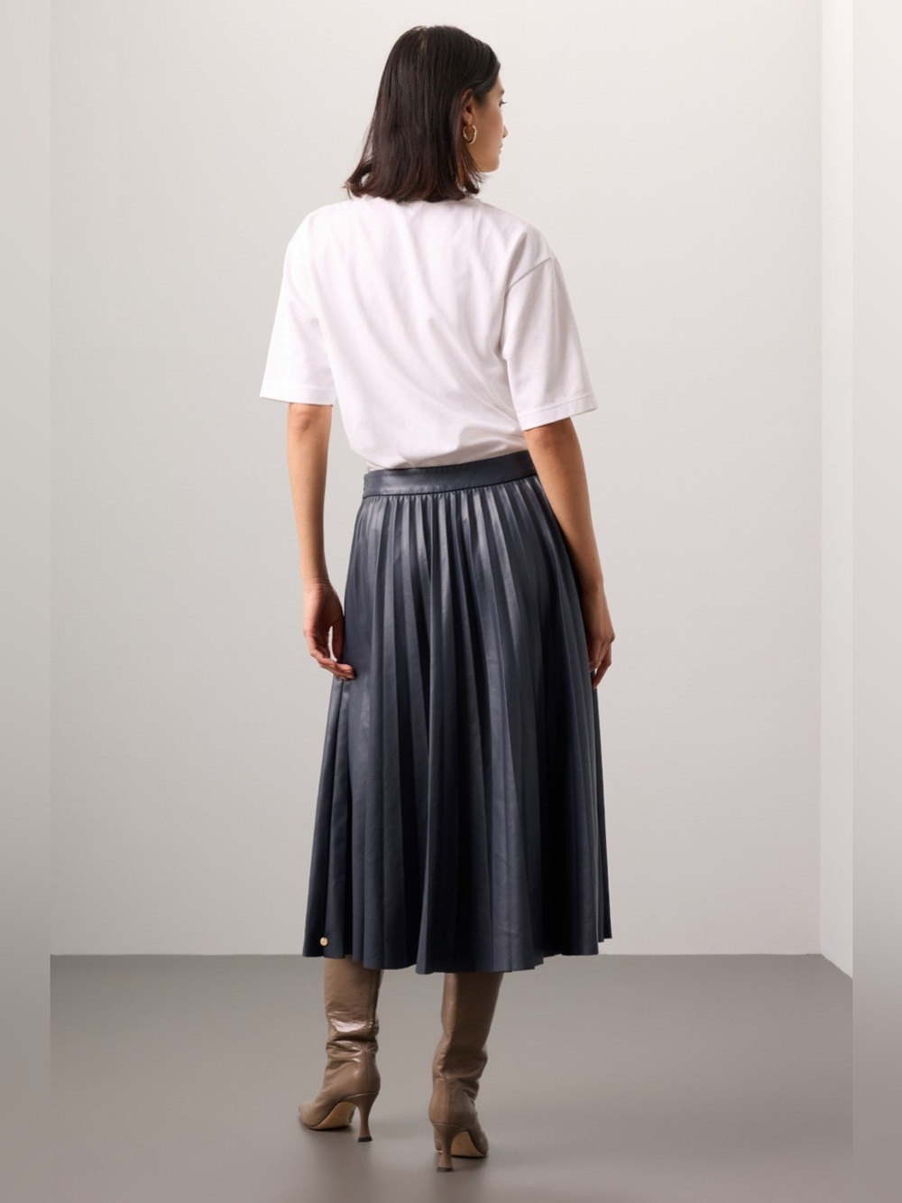 Navy Textured Button Jacket with Navy Pleated Midi Skirt - Picture 3 of 11